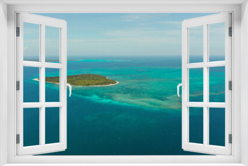 Fototapeta Naklejka Na Ścianę Okno 3D - Tropical islands with white beaches and atolls and coral reef, aerial view. Summer and travel vacation concept.