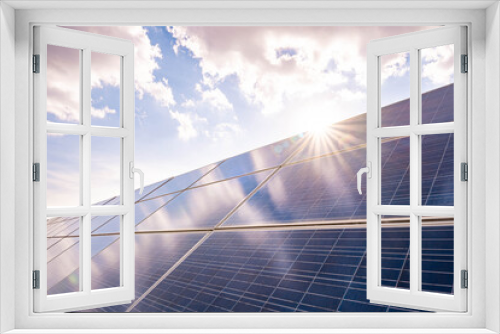 Fototapeta Naklejka Na Ścianę Okno 3D - Solar plant(solar cell) with the summer season, hot climate causes increased power production, Alternative energy to conserve the world's energy, Photovoltaic module idea for clean energy production