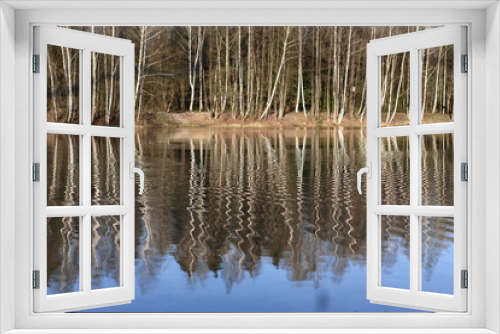 Fototapeta Naklejka Na Ścianę Okno 3D - Reflection of Russian birches in a lake in the forest at sunset