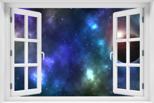 Fototapeta Naklejka Na Ścianę Okno 3D - Colorful space illustration. Planet in space and a nebula of stars, abstract space illustration, 3d image with copy space
