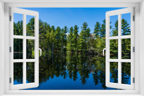 Fototapeta Naklejka Na Ścianę Okno 3D - Mirror reflection of green forest and blue sky in the smooth water of the lake