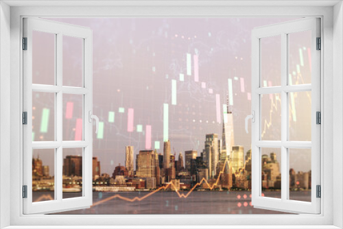 Fototapeta Naklejka Na Ścianę Okno 3D - Abstract creative financial graph and world map on New York cityscape background, financial and trading concept. Multiexposure