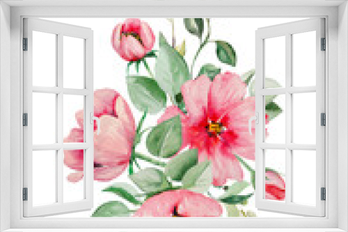 Fototapeta Naklejka Na Ścianę Okno 3D - Watercolor pink flowers and green leaves bouquet illustration