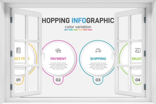 Concept of shopping process with 4 successive steps. Four colorful graphic elements. Timeline design for brochure, presentation, web site. Infographic design layout.