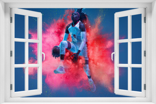 Fototapeta Naklejka Na Ścianę Okno 3D - One young woman sportsman basketball player in explosion of colored neon powder isolated on dark blue background