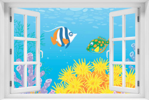 Fototapeta Naklejka Na Ścianę Okno 3D - Exotic small fishes swimming in blue water of a colorful coral reef in a tropical southern sea, vector cartoon illustration