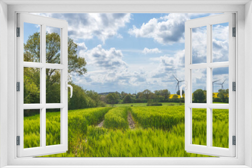 Fototapeta Naklejka Na Ścianę Okno 3D - windmills behind a field on a sunny day