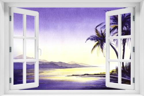 Fototapeta Naklejka Na Ścianę Okno 3D - Exotic watercolor landscape of soft night at seashore. Sea bay with blurry mountains on one side and dark silhouettes of palms on the other. Calm water surface reflects soft shine of rising sun