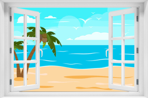 Fototapeta Naklejka Na Ścianę Okno 3D - Cartoon summer beach, seaside natural vacation, tropical beach, seaside scenery background vector illustration