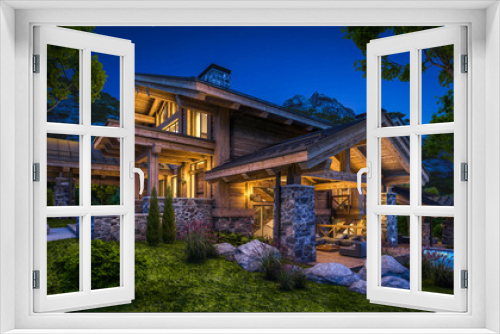 Fototapeta Naklejka Na Ścianę Okno 3D - 3d rendering of modern cozy chalet with pool and parking for sale or rent.  Massive timber beams columns. Beautiful forest mountains on background. Clear summer night with many stars on the sky.