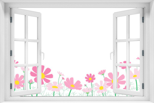 Fototapeta Naklejka Na Ścianę Okno 3D - コスモスがたくさん咲いている風景のメッセージカード　はがきサイズ横型