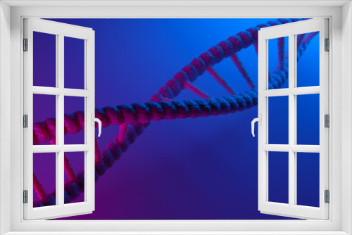Fototapeta Naklejka Na Ścianę Okno 3D - DNA molecule close up. It symbolizes genetic engineering. Three-dimensional model of human genome. 3d render of a DNA molecule. Genetic engineering symbol on purple-blue background. DNA strand.
