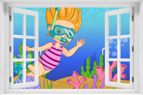 Fototapeta Naklejka Na Ścianę Okno 3D - Cartoon little girl wearing diving mask swims underwater
