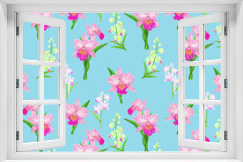 Fototapeta Naklejka Na Ścianę Okno 3D - Pink Cattleya orchid flower blossom seamless pattern on blue background, illustration