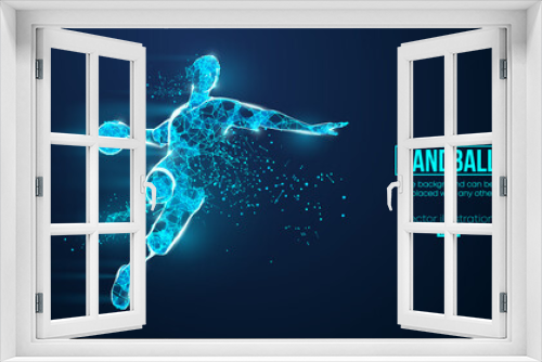 Fototapeta Naklejka Na Ścianę Okno 3D - Abstract silhouette of a wireframe handball player from particles on the background. Convenient organization of eps file. Vector illustartion. Thanks for watching