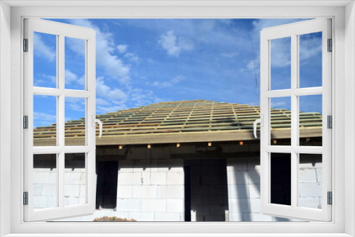 Fototapeta Naklejka Na Ścianę Okno 3D - Wood roof trusses. House construction. 