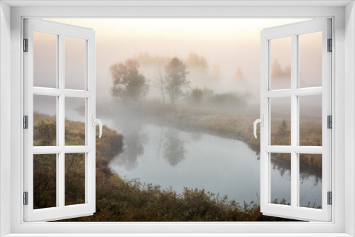 Fototapeta Naklejka Na Ścianę Okno 3D - Autumn dense fog on the river, reflection of trees in the water