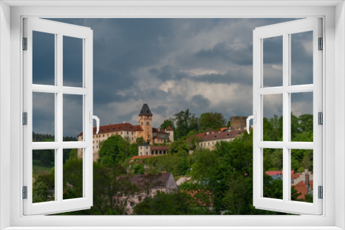 Fototapeta Naklejka Na Ścianę Okno 3D - Castle on big hill in Vimperk town in spring sunny and cloudy day