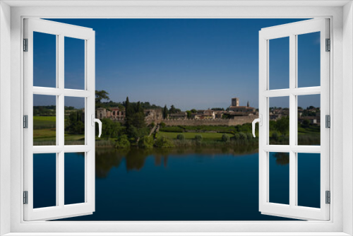 Fototapeta Naklejka Na Ścianę Okno 3D - Panoramic aerial view of Castellaro Lagusello castle on Lagusello lake. Aerial view of the Italian medieval castle Castellaro Lagusello. Classic Italian medieval villa VILLA TACOLI ARRIGHI, Italy.