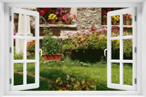 Fototapeta Naklejka Na Ścianę Okno 3D - stone house, facade, detail, flower garden, 