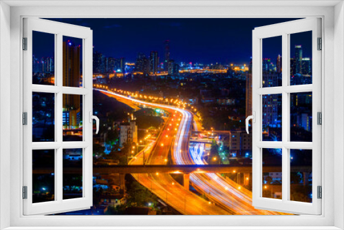 Fototapeta Naklejka Na Ścianę Okno 3D - Bangkok cityscape night light. 
Lighting the night highway and tower building