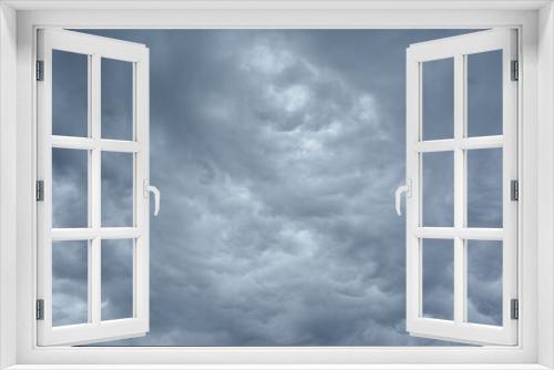 Blue and dark grey heavy clouds in the sky before a thunderstorm. Dramatic backdrop or wallpaper. Natural dangerous menacing background. Ahead of a storm or cataclysm. High quality photo