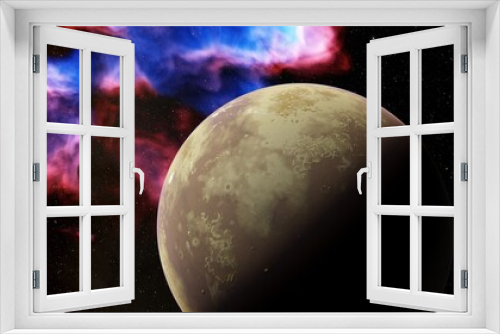 Fototapeta Naklejka Na Ścianę Okno 3D - beautiful exo in space and the surface against the background of stars and galaxies in bright colors, space fantasy, space background 3d render	
