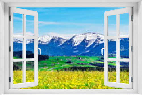 Fototapeta Naklejka Na Ścianę Okno 3D - Berge, Blumenwiesen in den Alpen mit Schnee auf Gipfel