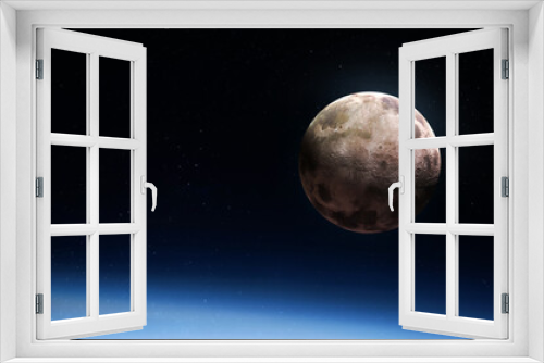Fototapeta Naklejka Na Ścianę Okno 3D - Moon near Earth planet. Stratosphere. Super Moon in the black sky. View from space. Elements of this image furnished by NASA