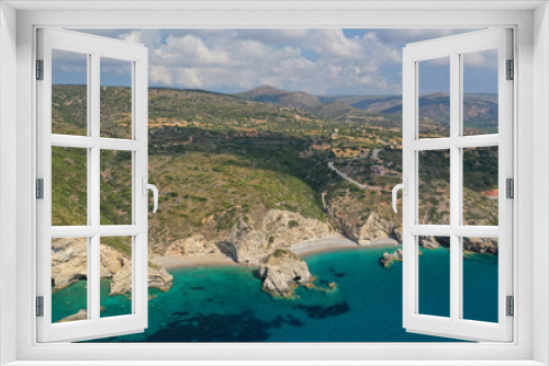 Fototapeta Naklejka Na Ścianę Okno 3D - Aerial drone photo of beautiful turquoise paradise beach of Kaladi one of the best in island of Kythera, Ionian, Greece