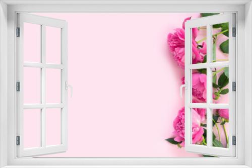 Fototapeta Naklejka Na Ścianę Okno 3D - Bouquet of beautiful pink peonies on delicate paper background. Minimal concept backdrop.