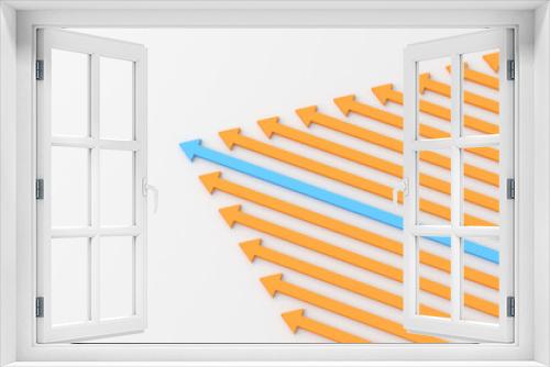 Fototapeta Naklejka Na Ścianę Okno 3D - Leadership concept, blue leader arrow leading orange arrows, on white background. 3D Rendering