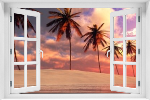 Fototapeta Naklejka Na Ścianę Okno 3D - Palm trees on the beach in a row at sunset, Tropical beach with palm trees, dramatic sunset over the sea ,, 3D rendering