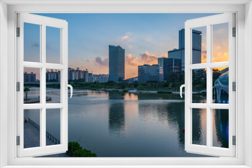 Architectural scenery on the bank of the Jiaomen River in Nansha District, Guangzhou