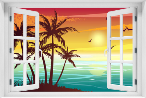 Fototapeta Naklejka Na Ścianę Okno 3D - Tropical landscape with sea, sunset and silhouettes of palm trees. Abstract landscape. Tropical island.