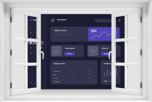 Dashboard design in dark colors. App interface with UI and UX elements. Use design for web application, desktop or mobile app.