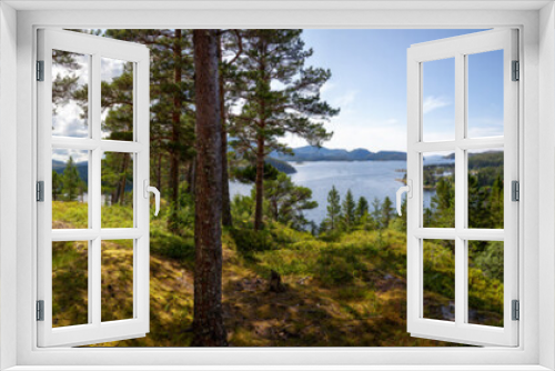 Fototapeta Naklejka Na Ścianę Okno 3D - The couple, a man and a woman, stand on a hill overgrown with coniferous forest and look down at a huge lake. Norway.