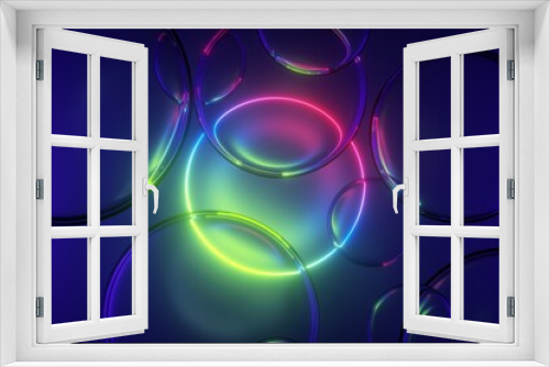 3d render, abstract colorful neon background with round frame and glass balls. Glowing geometric shape and clear bubbles