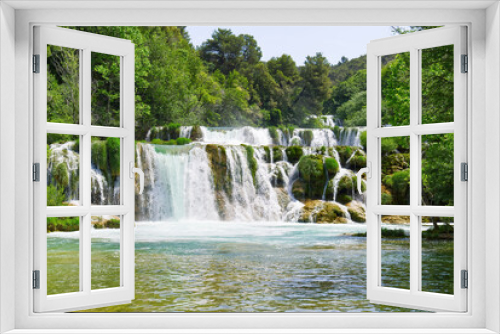 Fototapeta Naklejka Na Ścianę Okno 3D - Mountainous beautiful waterfalls formed by the melting of glaciers due to global warming. Beautiful Waterfalls at Krka National Park in Croatia.