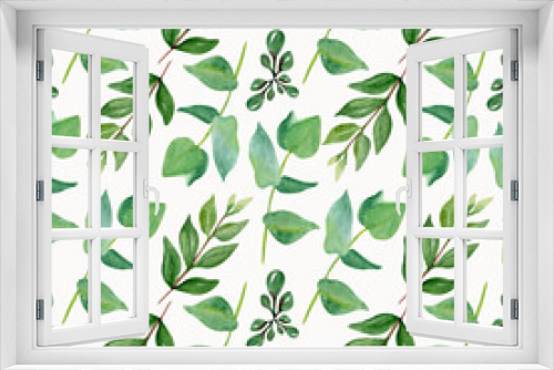 Fototapeta Naklejka Na Ścianę Okno 3D - Green leaves doodle hand drawn seamless patern. Herbal, floral, greenery, leaf foliage background.