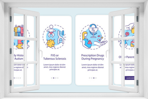 Autism causes onboarding mobile app page screen. Family history, tuberous sclerosis walkthrough 4 steps graphic instructions with concepts. UI, UX, GUI vector template with linear color illustrations