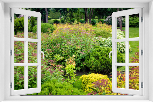 Fototapeta Naklejka Na Ścianę Okno 3D - garden bed with bushes and flowers landscaping with plants for backyard decor in summer season in the background a park with trees, nobody.