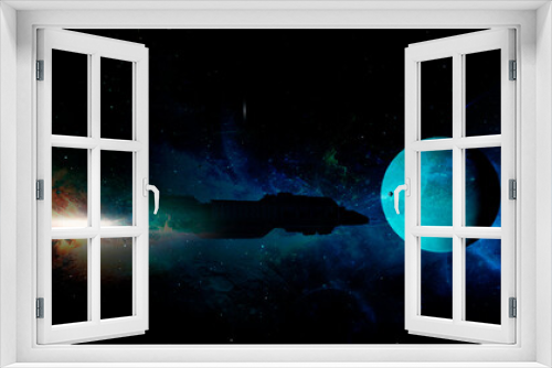Fototapeta Naklejka Na Ścianę Okno 3D - Space ship approaching a new blue planet
