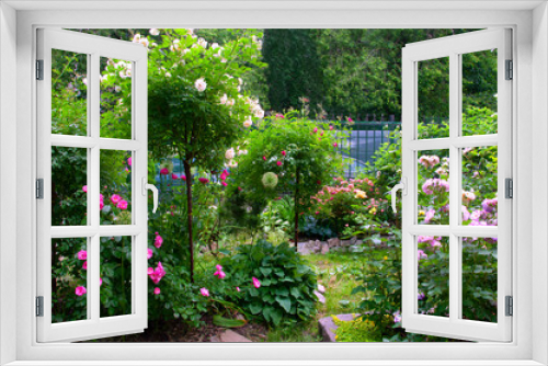Fototapeta Naklejka Na Ścianę Okno 3D - A beautiful summer garden with roses of different varieties of white, pink, red, lilac shades and ornamental plants