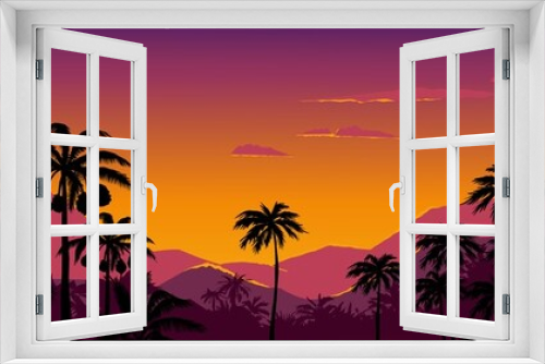 Fototapeta Naklejka Na Ścianę Okno 3D - Palm tree silhouette background. California sunset landscape with exotic plants on horizon. Tropical forest and mountains. Scenic night sky. Nature panorama. Vector hot coast wallpaper