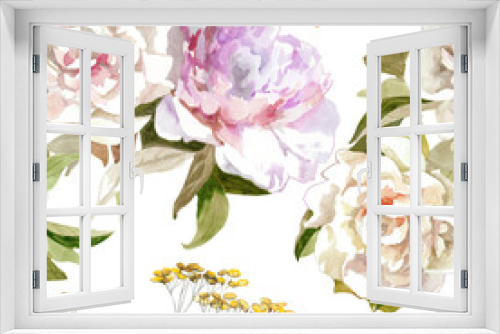 Fototapeta Naklejka Na Ścianę Okno 3D - White and light pink peonies and dry grass bouquet watercolor on white background seamless pattern for all prints.