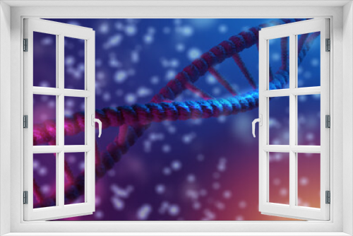 Fototapeta Naklejka Na Ścianę Okno 3D - Background on theme of DNA. Dark background with DNA malekula of human genome. Wallpaper on scientific subjects. Background pattern with genetic engineering symbol. Purple texture with DNA molecules