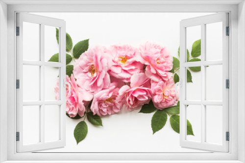 Fototapeta Naklejka Na Ścianę Okno 3D - Flowers composition made of pink roses isolated on white background. Floral design. Flat lay, top view, copy space