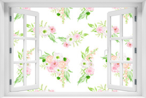Fototapeta Naklejka Na Ścianę Okno 3D - Watercolor floral seamless pattern. Hand drawn elegant bouquets isolated on white. Blush flowers and greenery repeated background. Botanical print for wallpaper, wrapping, scrapbook.