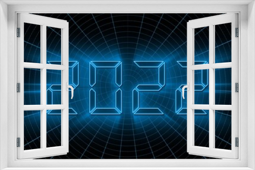 Year change 2022 - glowing blue year digits in digital font - abstract grid background in black - 3D illustration